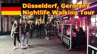 Dusseldorf Nightlife Walking Tour, Germany  Street Walk HD feat. “The Longest Bar in the World”