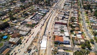 Aerial footage of Crenshaw Blvd. restoration at Leimert Park Station