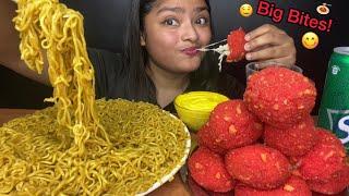 MASALA MAGGI AND CHEETOS CHEESE BALLS WITH CHEESE SAUCE | BIG BITES MUKBANG | FOOD EATING VIDEOS