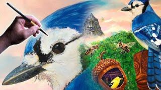 Time-lapse Acrylic Painting Blue Jay, Exotic Surrealist Scene: "Exploring Beyond Wheezy's Wall" 03
