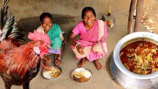 RED COUNTRY CHICKEN curry cooking and eating with rice by our santali grandma||rural village ind.