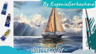 Watercolor painting Seascape with a yacht | Demo and Tutorial | Paint together | Eugenia Gorbacheva