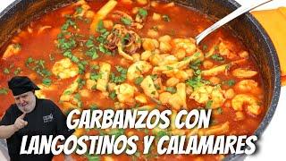 Garbanzos con langostinos y calamares - Una receta de Javier Romero