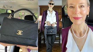 Timeless Style: Chanel Chevron Chic Flap Bag, Grey Pants, Ruffle Top, Plum Cardigan / Classic Luxury