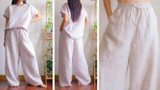 DIY drawstring waist wide leg pants | High waisted wide leg pants | Drawstring elastic trousers