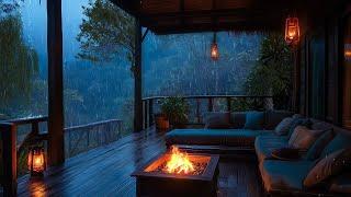 Soothing Rainy Day in the Forest | Cozy Balcony, Fireplace Crackles | Smooth Jazz for Ultimate Calm