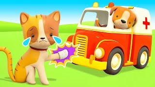 Los Vehículos de Servicio ayudan al gatito. La ambulancia. Dibujos animados de coches para bebés.