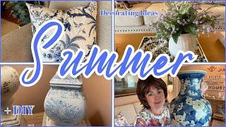 SUMMER DECORATING for your LIVING ROOM adding BLUE AND WHITE TOUCHES + A DIY