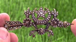 Antique Georgian Era Rose Diamond & Gold Brooch Pin - Arrow Floral Crescent Moon