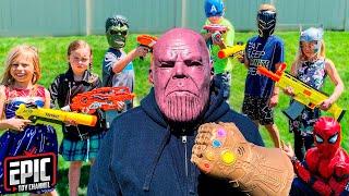 Nerf Battle: Hero Kidz vs Thanos - Avengers Pretend Play for Kids