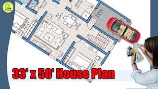 33×50 house plan, 3 bhk with car parking, 33 by 50 home plan, 33*50 house design, #instyle