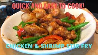 CHICKEN, SHRIMP WITH SUGAR PEAS STIR FRY