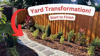 Beautiful Yard Design from Scratch  | Lawn Transformation with Fence, Walkway, Plants, & Lights |