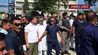 Congress president Mallikarjun Kharge and Lok Sabha LoP Rahul Gandhi arrive in Jammu