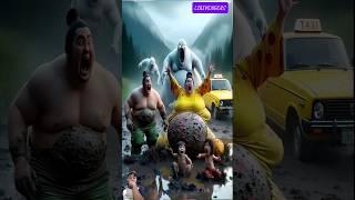 evolution of cat:Sumo wrestler and woman sitting on dirty road chased by ghost taxi car #cat#cute