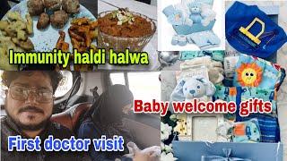 Baby welcome gifts unboxing| Immunity booster Kacchi Haldi k halwa recipe| First doctor visit #vlog