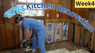 Week 4: Renovating our original 1970s Kitchen! | Taking down wood paneling & another leak | Problems