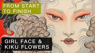 How I paint a girlface with chrysanthemums. From sketch to finish timelaps