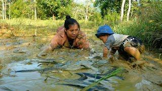 Single mother and baby go catch fish in abandoned pond, catch a lot of fish