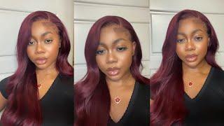 GLUELESS 99J BURGUNDY RED frontal install  ft. Unice hair