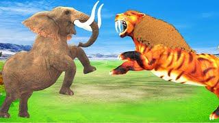 Giant Tiger Attacks Cow Cartoon Saved By 2 Giant Bull Elephant Woolly Mammoth VS Saber-Toothed Tiger