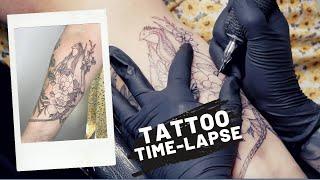 Fine line tattoo timelapse // dragon and flower design
