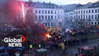 Chaos in Brussels as farmer protesters clash with police in front of European Parliament