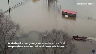 See aerial view of Obion County flash flooding, town of Rives underwater in Tennessee