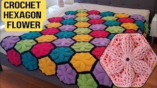 Crochet Flower Hexagon For Blankets and Bedcovers @sara1111 step by step Tutorial Beginner