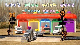 Let's play with cars -Funny tires- 【 cartoon | Fireengine | Police Car | Ambulance  | 3DCG】