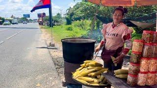 Cambodian street food tour in Kandal Province, Countryside Market, Boiled corn, Chickeb & More