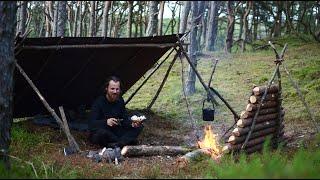 4 days bushcraft trip - canvas tarp, fatwood, mushrooms, wild berries, carving eating spoon etc.