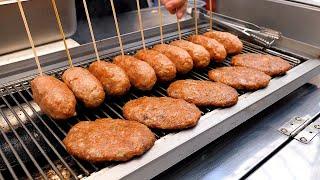 Cheese Hamburger Steak Dipping in BBQ Sauce (Tteokgalbi) - Korean Street Food