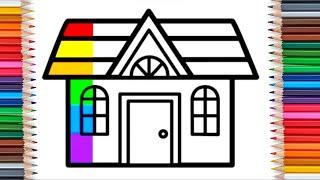 How to draw and color beautiful rainbow house, easy drawing for toddlers and kids