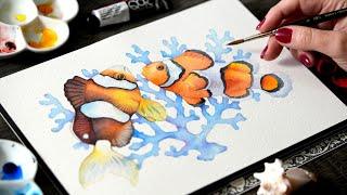 Step-by-Step Watercolor Magic: Vibrant Clownfish and Coral Reef