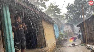 Rain Walk-Villages Located On River Dam with Small Houses Look Beautiful and Calm in the Heavy Rain