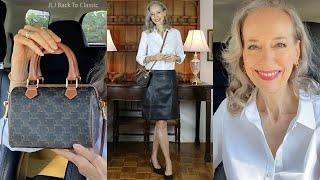 Timeless Style: Celine Small Boston Triomphe Bag, Black Pleather Skirt, White Button-Up Shirt OOTD