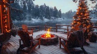 Cozy Cabin with Gentle Snowfall, Warm Fire Pit, Nature Sounds For Relax | Relax Christmas Ambience