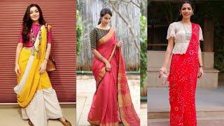 stylish cotton saree draping blouse design#cotton saree stylish wear with blouse design#2020