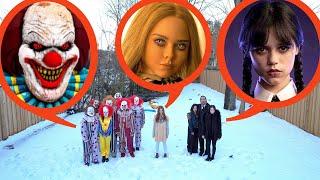 drone catches Wednesday Addams vs M3GAN vs Clowns at haunted park (huge battle!)