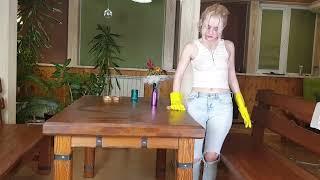 Cleaning table in white shirt | Rubber gloves cleaning