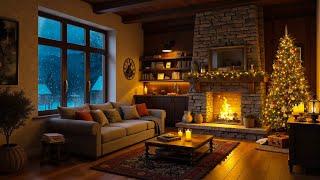 Sleeping in a Warm Cabin on Snowstorm Night with Howling Cold Wind and Burning Fireplace Sounds