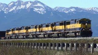 Heavy duty Alaska Railroad Coal train with 7 engines at Anchorage.