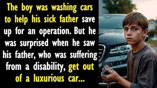 The boy was washing cars to help his father. But he was surprised when he saw his father get out...