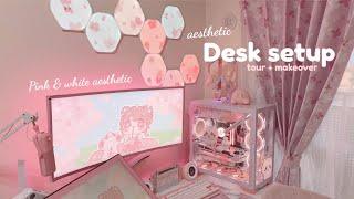 desk setup tour + makeover  pink & white aesthetic ️ PC build | nanoleaf Japan