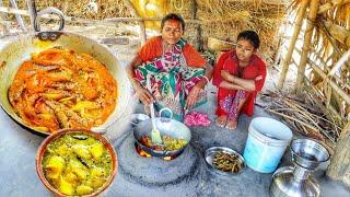 small fish curry with potato & mango chatni cooking by our santali tribe grandmaa