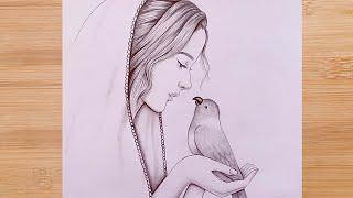 How to draw A girl with a parrot - step by step || Pencil Sketch for beginners