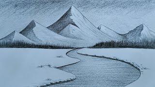 How to draw beautiful mountain Lake with pencil || Pencil sketch mountain scenery drawing