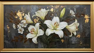 Gold Frame TV Art Painting | 2-Hour Relaxing Static Video | Vintage White Lilies and Gold Highlights