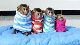 Most Cutest Four Littles Sit InLine Covering By Blanket Waiting For Mum Change Clothe